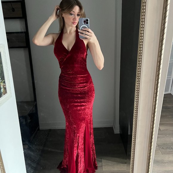 Crushed Red Velvet Formal Dress - Picture 2 of 4